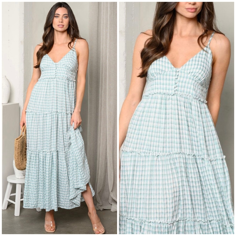 Mint Choco Light Teal Plaid Tiered Maxi Dress - Picture 7 of 7